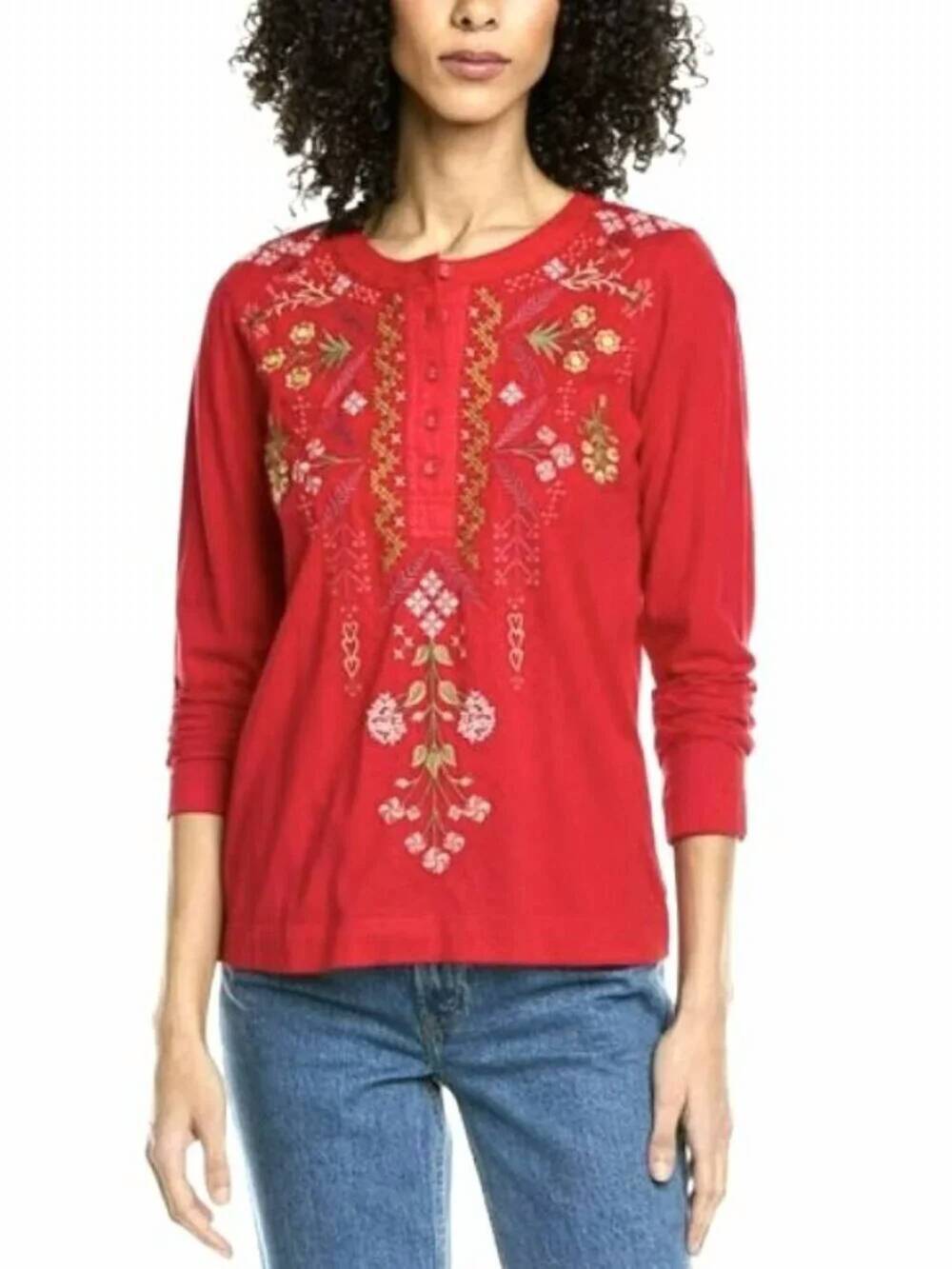 NEW JOHNNY WAS malaya mixed media henley t-shirt in salsa